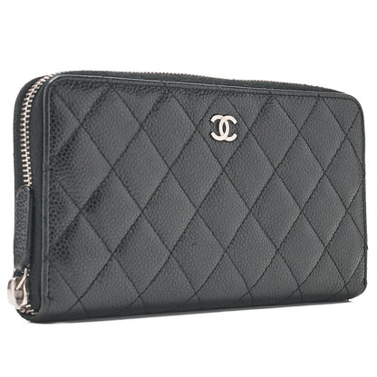 CHANEL Matelasse Round Long Wallet Caviar Skin Black (Silver-Tone Hardware, Pre-Owned