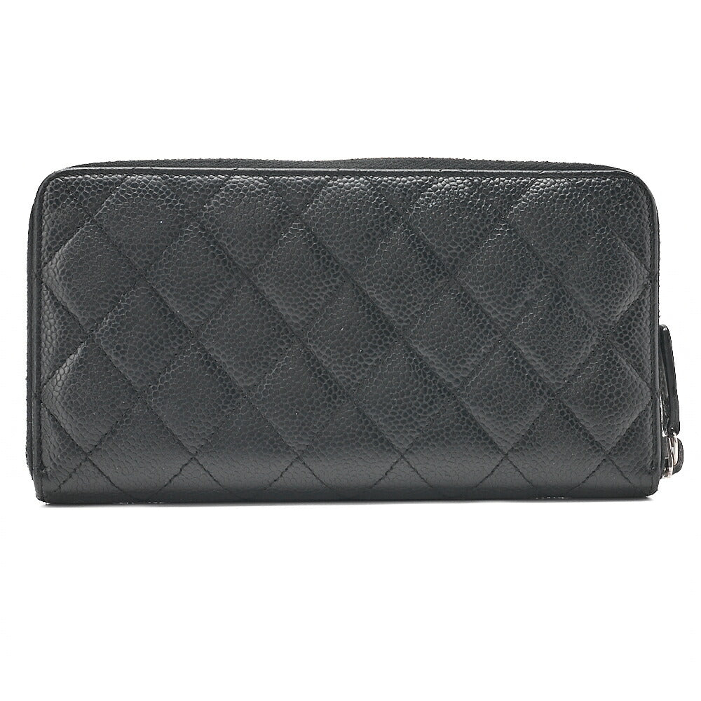 CHANEL Matelasse Round Long Wallet Caviar Skin Black (Silver-Tone Hardware, Pre-Owned