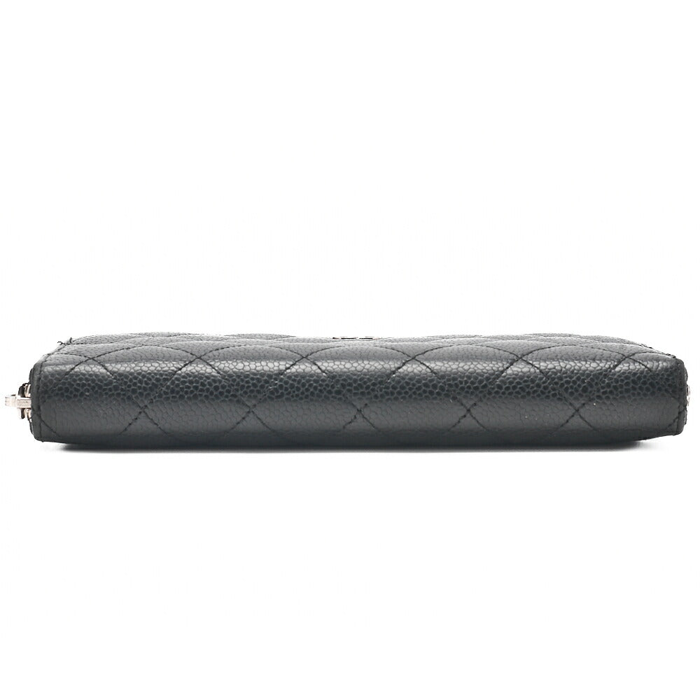 CHANEL Matelasse Round Long Wallet Caviar Skin Black (Silver-Tone Hardware, Pre-Owned