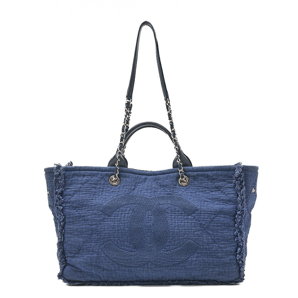 CHANEL シャネル ラージショッピングバッグ ココマーク コットン 2WAY ネイビー シルバー金具 中古