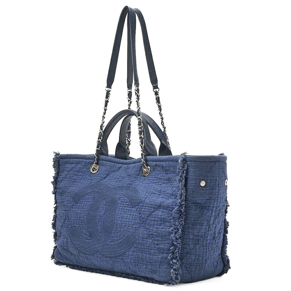 CHANEL シャネル ラージショッピングバッグ ココマーク コットン 2WAY ネイビー シルバー金具 中古