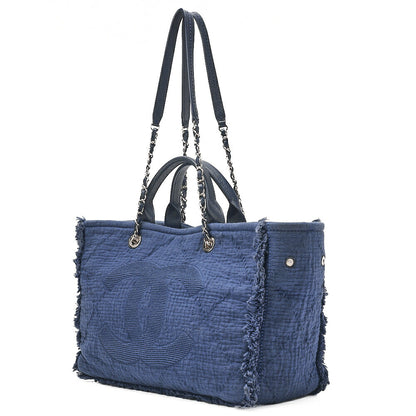 CHANEL シャネル ラージショッピングバッグ ココマーク コットン 2WAY ネイビー シルバー金具 中古