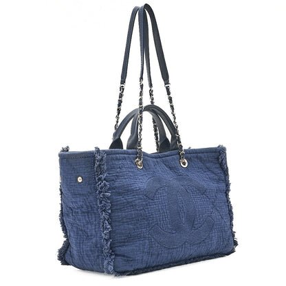 CHANEL シャネル ラージショッピングバッグ ココマーク コットン 2WAY ネイビー シルバー金具 中古