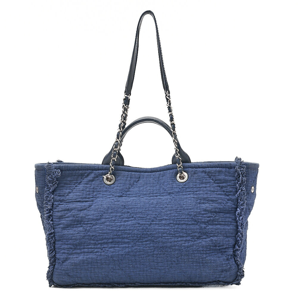 CHANEL シャネル ラージショッピングバッグ ココマーク コットン 2WAY ネイビー シルバー金具 中古