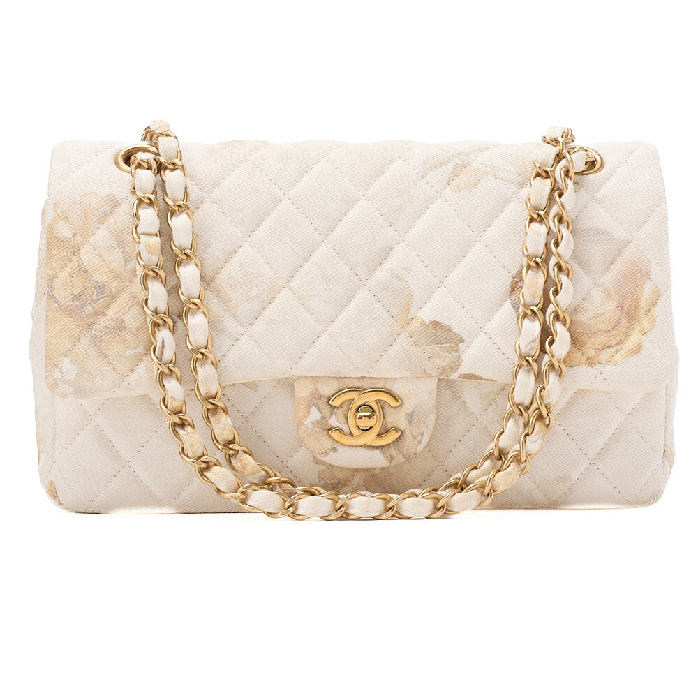 CHANEL Canvas Matelasse Camellia W Flap 25cm Chain Shoulder Ivory Gold-Tone Hardware, Pre-Owned