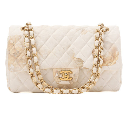 CHANEL Canvas Matelasse Camellia W Flap 25cm Chain Shoulder Ivory Gold-Tone Hardware, Pre-Owned
