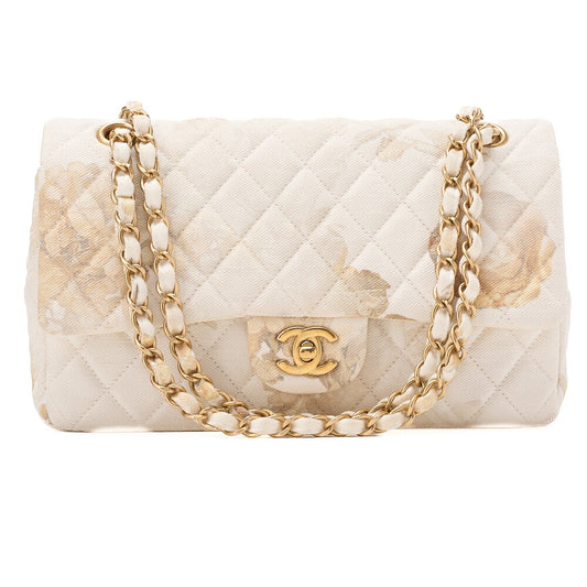 CHANEL Canvas Matelasse Camellia W Flap 25cm Chain Shoulder Ivory Gold-Tone Hardware, Pre-Owned
