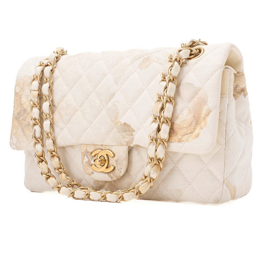 CHANEL Canvas Matelasse Camellia W Flap 25cm Chain Shoulder Ivory Gold-Tone Hardware, Pre-Owned