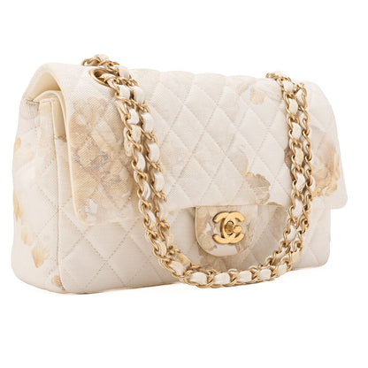 CHANEL Canvas Matelasse Camellia W Flap 25cm Chain Shoulder Ivory Gold-Tone Hardware, Pre-Owned