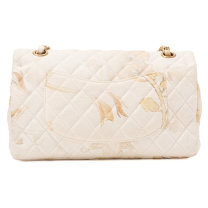 CHANEL Canvas Matelasse Camellia W Flap 25cm Chain Shoulder Ivory Gold-Tone Hardware, Pre-Owned