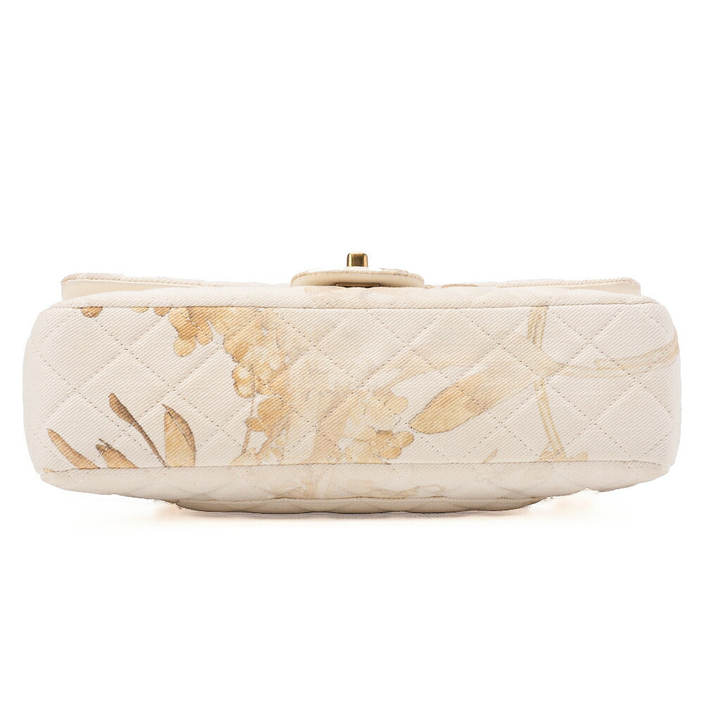 CHANEL Canvas Matelasse Camellia W Flap 25cm Chain Shoulder Ivory Gold-Tone Hardware, Pre-Owned