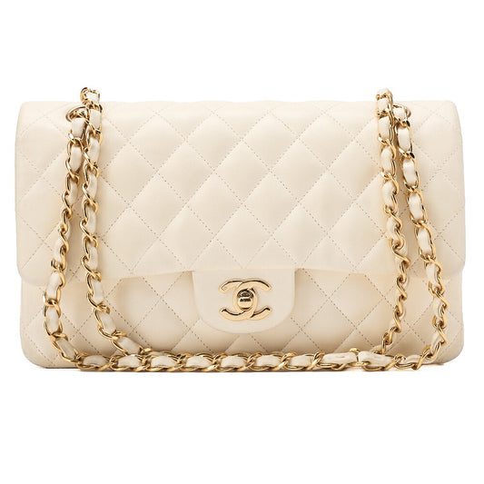 CHANEL Lambskin Matelasse 25cm Double Flap Chain Shoulder Ivory Gold-Tone Hardware, Pre-Owned