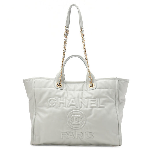 CHANEL Deauville GM Calfskin Coco Mark 2WAY Chain Shoulder Light Blue Gold-Tone Hardware, Pre-Owned