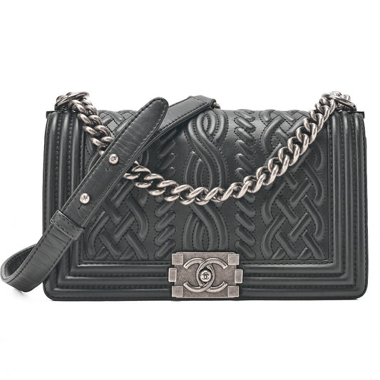 CHANEL Lambskin Boy Chanel Braided Stitch Chain Shoulder Black Silver-Tone Hardware, Pre-Owned