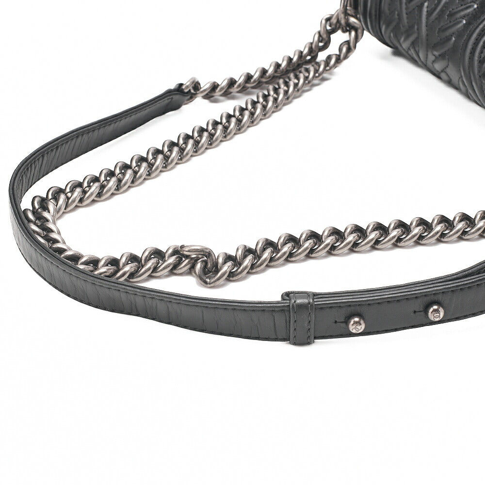 シャネル ラムスキン ボーイシャネル 編み込みステッチ チェーンショルダーバッグ ブラック シルバー金具 中古品