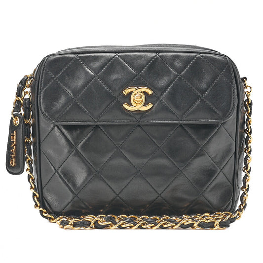 CHANEL Lambskin Matelasse Plate Charm Outside Flap Turn Lock Coco Mark Chain Shoulder Black Gold-Tone Hardware, Pre-Owned