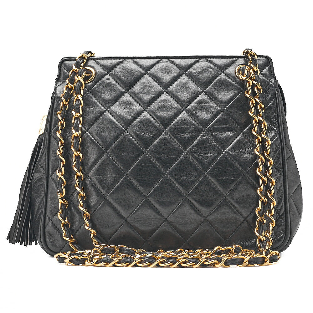 CHANEL ラムスキン マトラッセ フリンジ チェーンショルダー 黒 ゴールド金具 中古