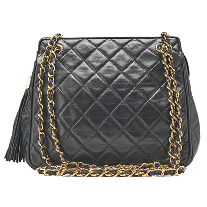 CHANEL ラムスキン マトラッセ フリンジ チェーンショルダー 黒 ゴールド金具 中古