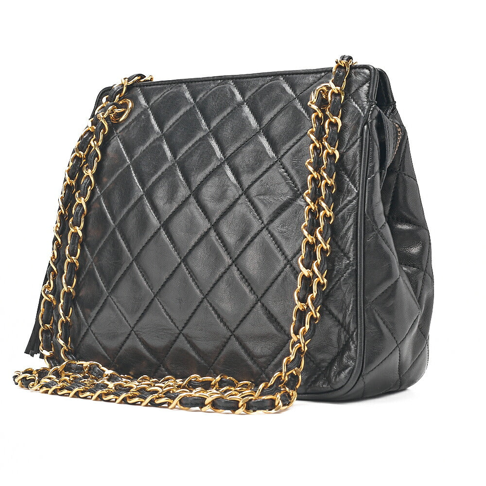 CHANEL ラムスキン マトラッセ フリンジ チェーンショルダー 黒 ゴールド金具 中古