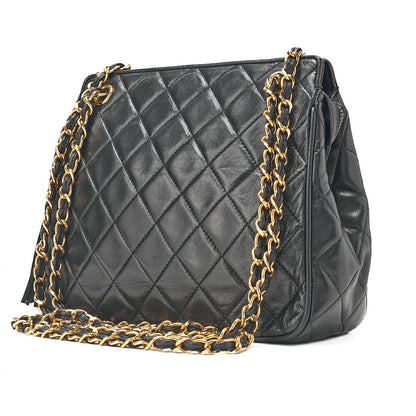 CHANEL ラムスキン マトラッセ フリンジ チェーンショルダー 黒 ゴールド金具 中古