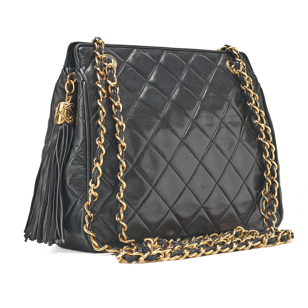 CHANEL ラムスキン マトラッセ フリンジ チェーンショルダー 黒 ゴールド金具 中古