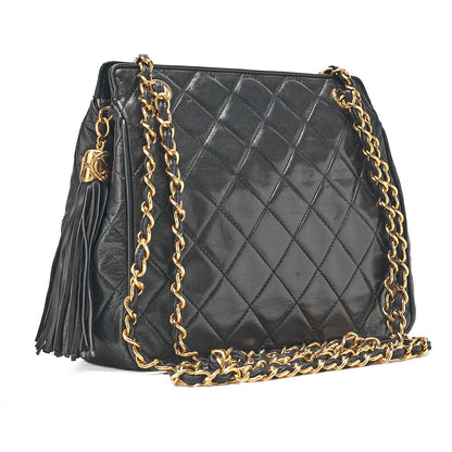 CHANEL ラムスキン マトラッセ フリンジ チェーンショルダー 黒 ゴールド金具 中古