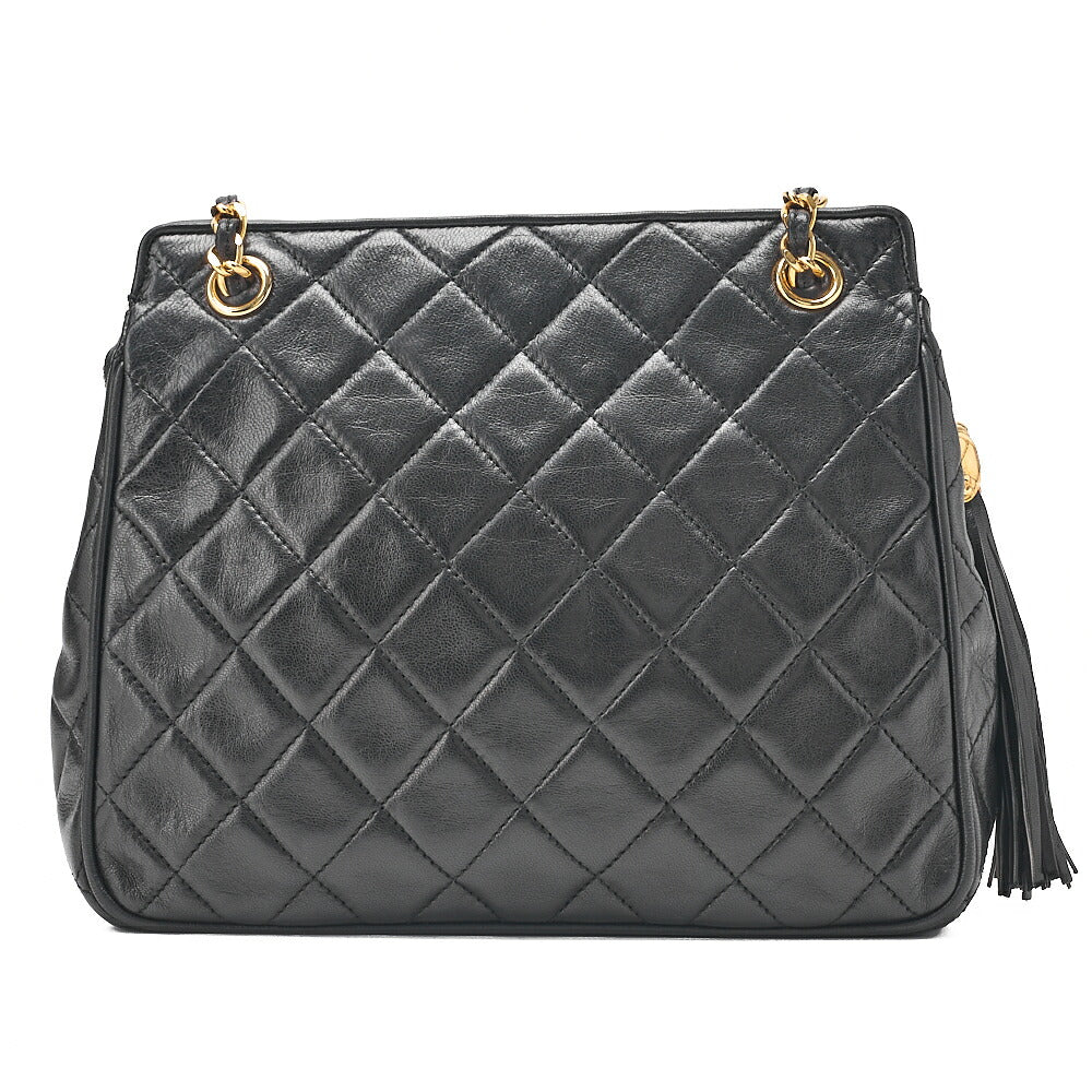 CHANEL ラムスキン マトラッセ フリンジ チェーンショルダー 黒 ゴールド金具 中古