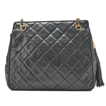 CHANEL ラムスキン マトラッセ フリンジ チェーンショルダー 黒 ゴールド金具 中古