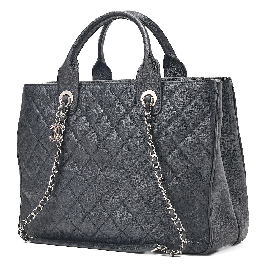 CHANEL 2-way Chain Shoulder Bag Matelasse Caviar Skin Coco Charm Navy Silver-Tone Hardware, Pre-Owned