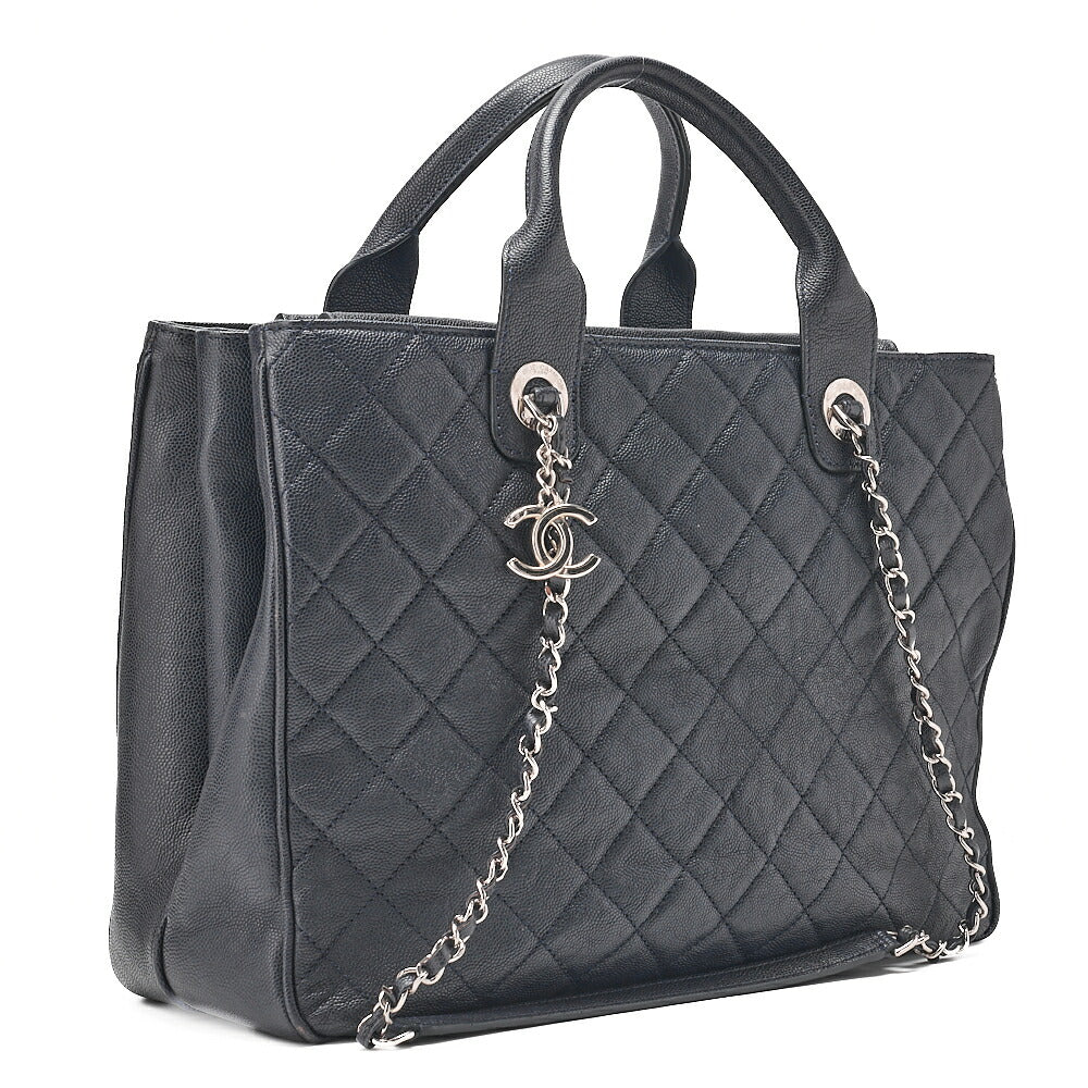 CHANEL 2-way Chain Shoulder Bag Matelasse Caviar Skin Coco Charm Navy Silver-Tone Hardware, Pre-Owned