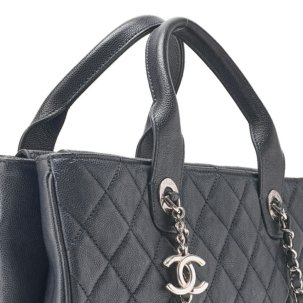 CHANEL 2-way Chain Shoulder Bag Matelasse Caviar Skin Coco Charm Navy Silver-Tone Hardware, Pre-Owned