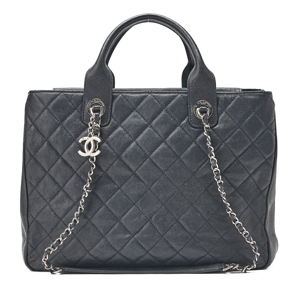 CHANEL 2-way Chain Shoulder Bag Matelasse Caviar Skin Coco Charm Navy Silver-Tone Hardware, Pre-Owned