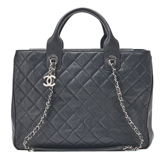 CHANEL 2-way Chain Shoulder Bag Matelasse Caviar Skin Coco Charm Navy Silver-Tone Hardware, Pre-Owned