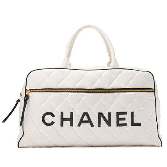CHANEL Handbag Boston Bag Calfskin Matelasse Sports Line Logo White x Black Gold-Tone Hardware, Pre-Owned