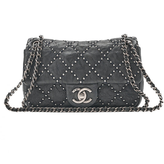 CHANEL Calfskin Studs Matelasse Single Flap Chain Shoulder Black Silver-Tone Hardware, Pre-Owned
