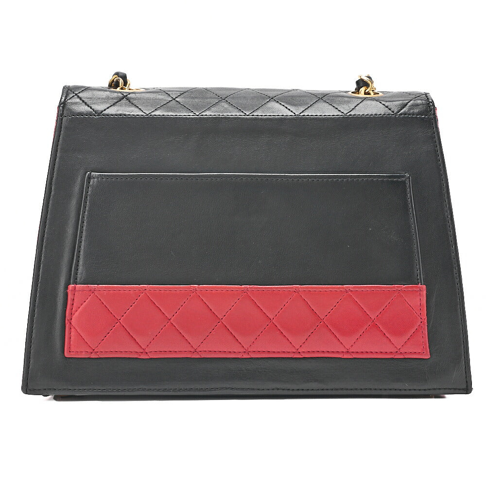 CHANEL マトラッセ 台形 2.55ロック シングル フラップ チェーンショルダー ラムスキン ブラック×レッド ゴールド金具, 中古