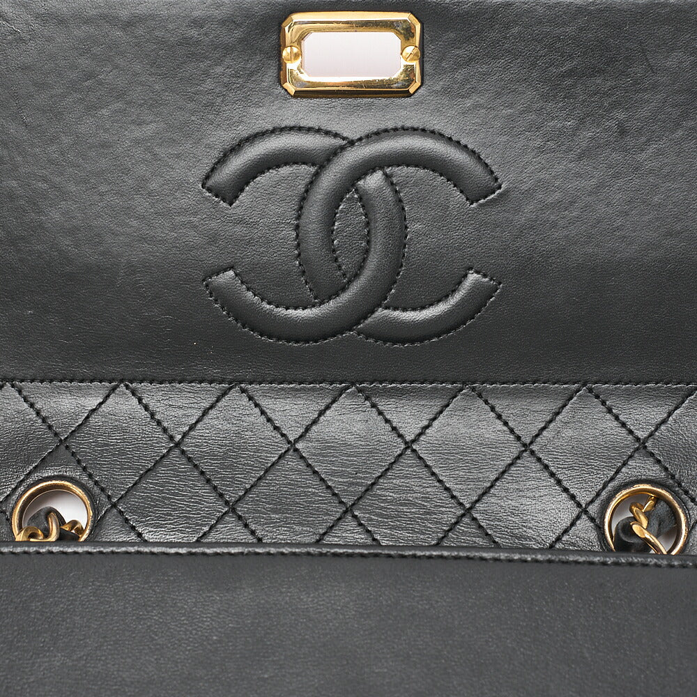 CHANEL マトラッセ 台形 2.55ロック シングル フラップ チェーンショルダー ラムスキン ブラック×レッド ゴールド金具, 中古