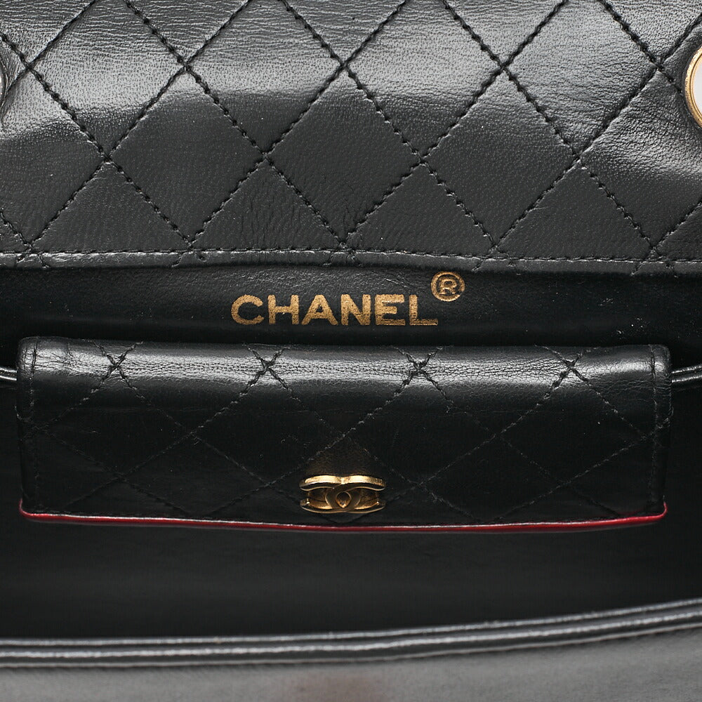 CHANEL マトラッセ 台形 2.55ロック シングル フラップ チェーンショルダー ラムスキン ブラック×レッド ゴールド金具, 中古