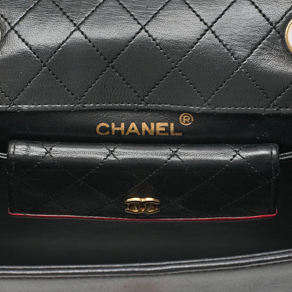 CHANEL マトラッセ 台形 2.55ロック シングル フラップ チェーンショルダー ラムスキン ブラック×レッド ゴールド金具, 中古
