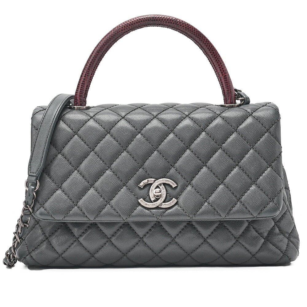 CHANEL Shoulder Bag Matelasse Coco Handle 29 S 2WAY Handbag Caviar Skin x Lizard Gray x Bordeaux Silver-Tone Hardware, Pre-Owned