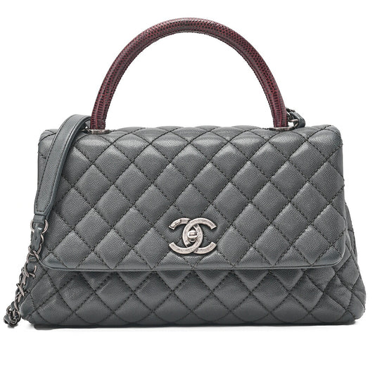 CHANEL Shoulder Bag Matelasse Coco Handle 29 S 2WAY Handbag Caviar Skin x Lizard Gray x Bordeaux Silver-Tone Hardware, Pre-Owned