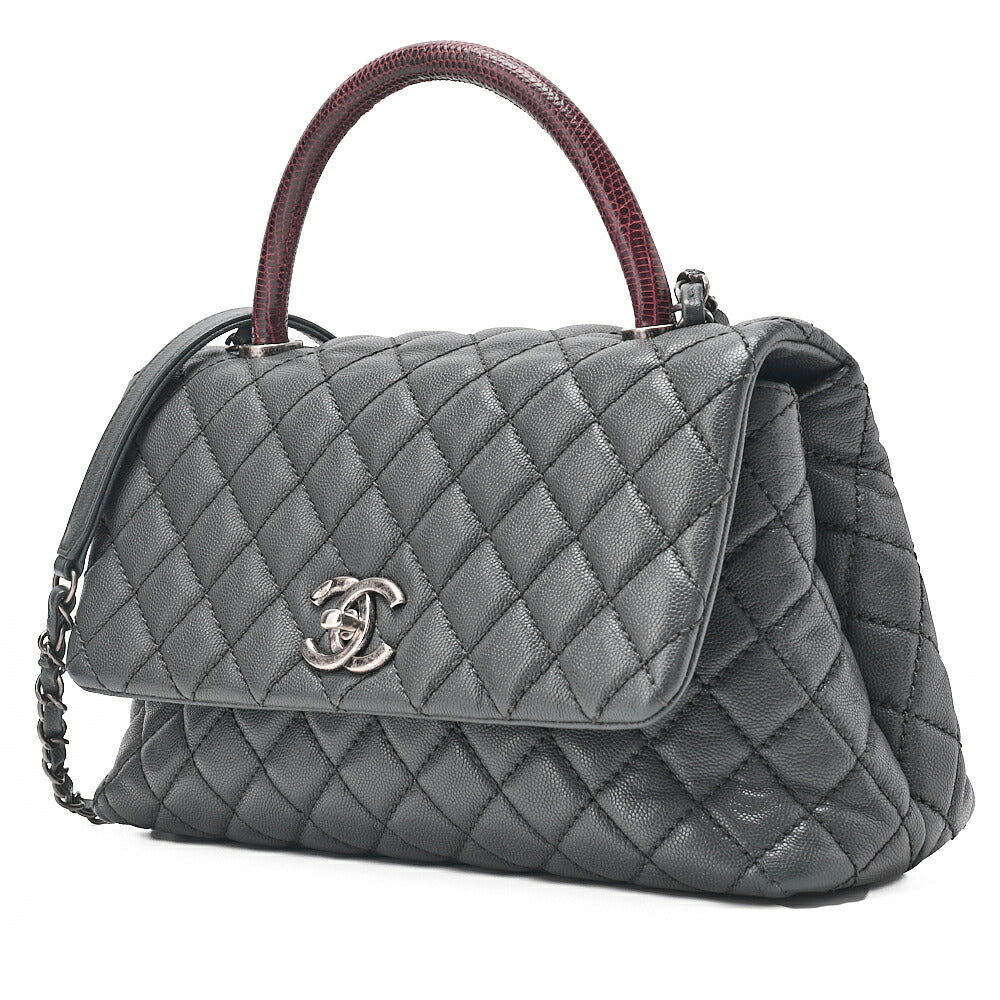 CHANEL Shoulder Bag Matelasse Coco Handle 29 S 2WAY Handbag Caviar Skin x Lizard Gray x Bordeaux Silver-Tone Hardware, Pre-Owned