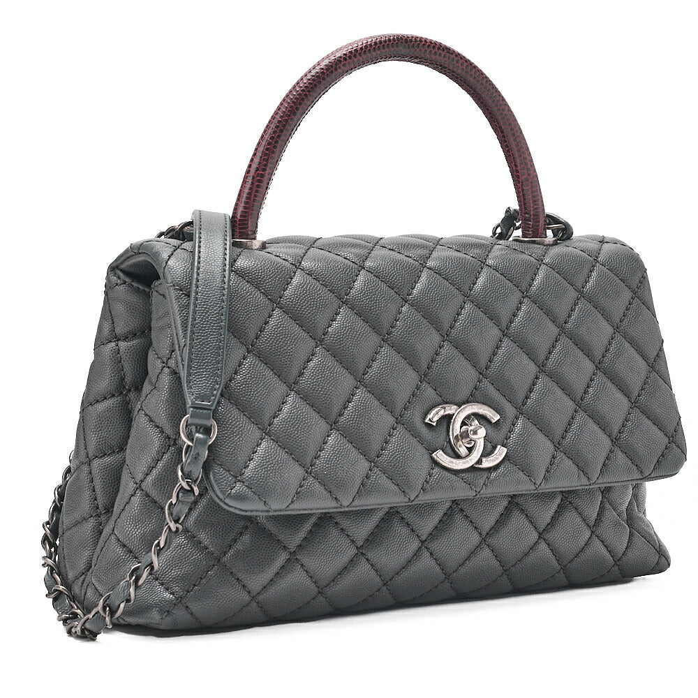 CHANEL Shoulder Bag Matelasse Coco Handle 29 S 2WAY Handbag Caviar Skin x Lizard Gray x Bordeaux Silver-Tone Hardware, Pre-Owned