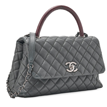 CHANEL Shoulder Bag Matelasse Coco Handle 29 S 2WAY Handbag Caviar Skin x Lizard Gray x Bordeaux Silver-Tone Hardware, Pre-Owned