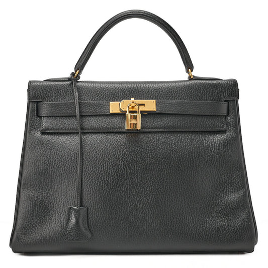 HERMES Herm?s Kelly 32 Ardennes In-Stitch Handbag Black Gold-Tone Hardware, Pre-Owned