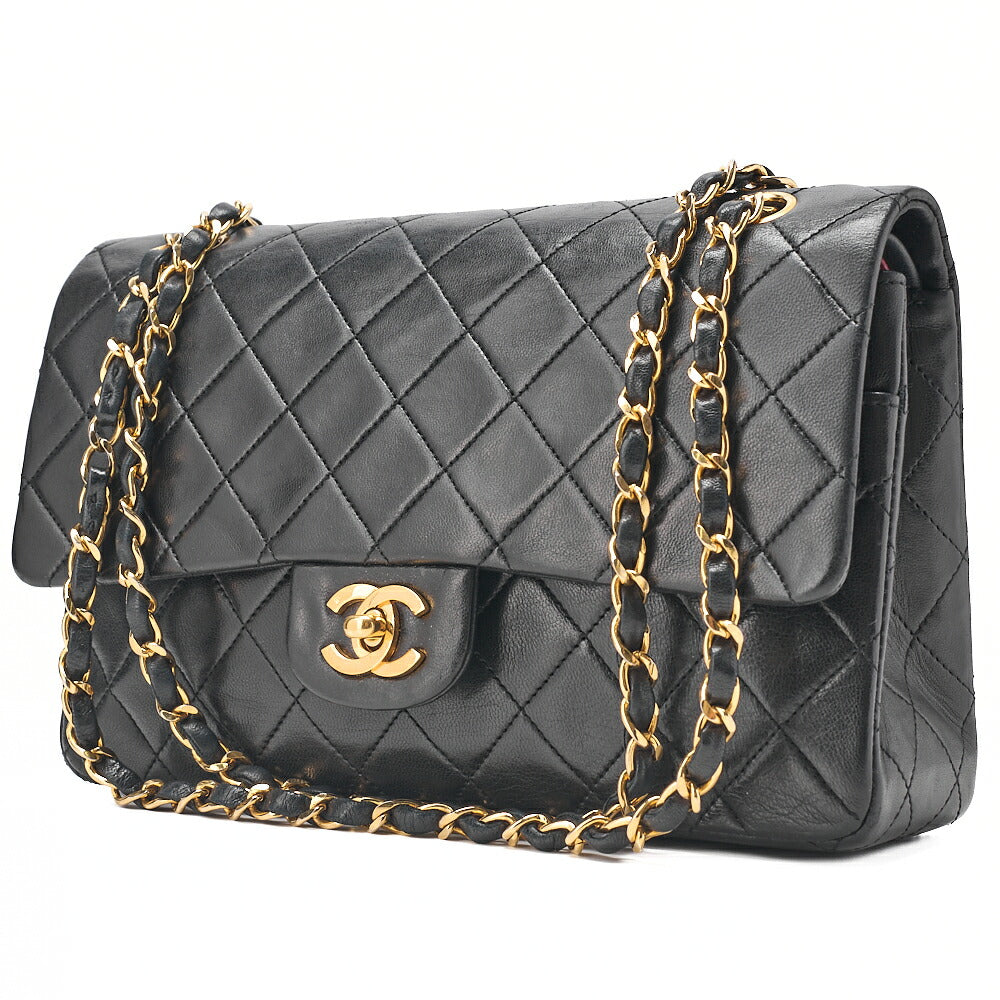 CHANEL Lambskin Matelasse Double Flap 25cm Chain Shoulder Black Gold-Tone Hardware, Pre-Owned