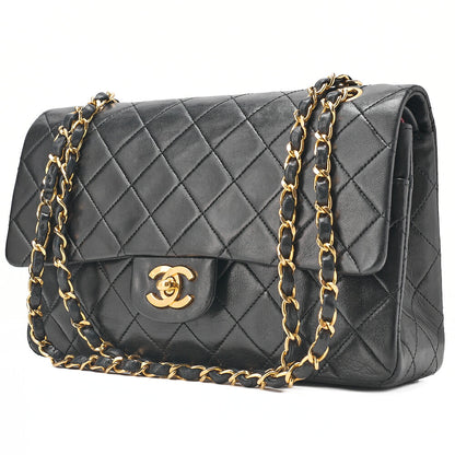 CHANEL Lambskin Matelasse Double Flap 25cm Chain Shoulder Black Gold-Tone Hardware, Pre-Owned