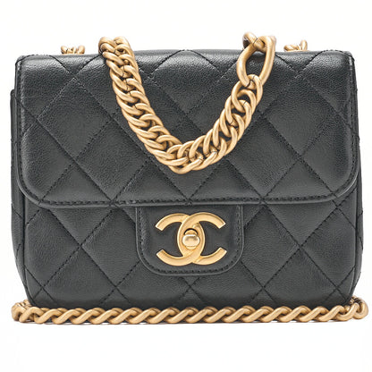 CHANEL Chain Shoulder Bag Mini Matelasse 17cm Calfskin Single Flap Turn Lock Black Gold-Tone Hardware, Pre-Owned