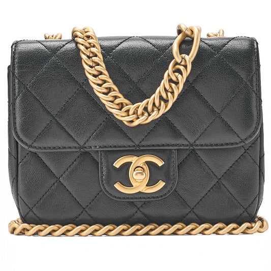 CHANEL Chain Shoulder Bag Mini Matelasse 17cm Calfskin Single Flap Turn Lock Black Gold-Tone Hardware, Pre-Owned