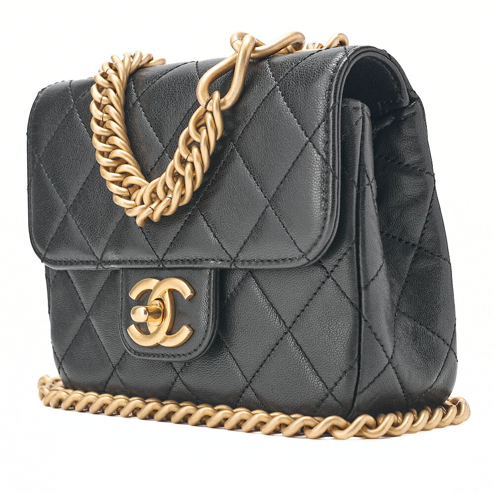 CHANEL Chain Shoulder Bag Mini Matelasse 17cm Calfskin Single Flap Turn Lock Black Gold-Tone Hardware, Pre-Owned